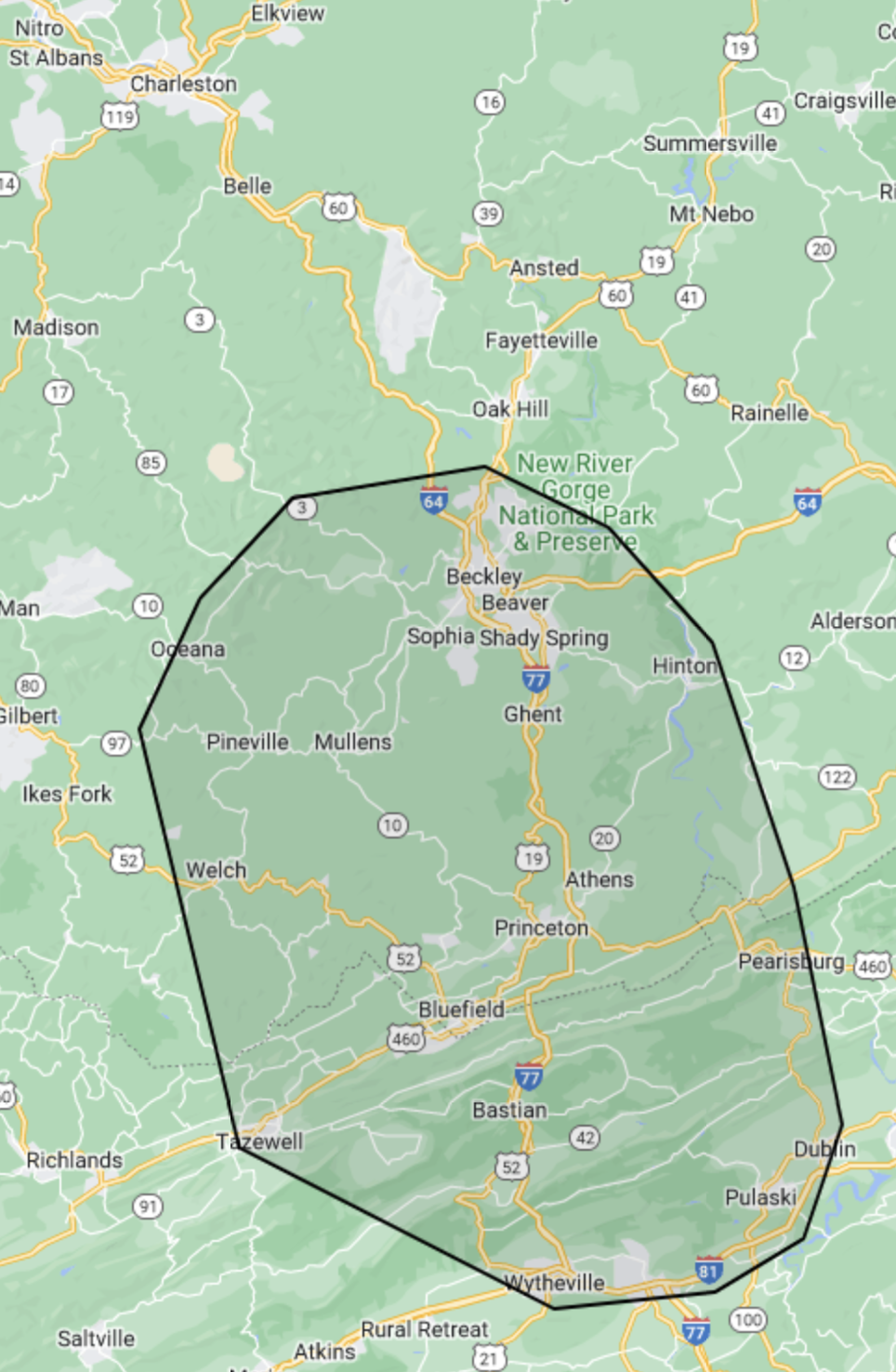 Google Map with a polygon outlining the coverage area described in the paragraph above.